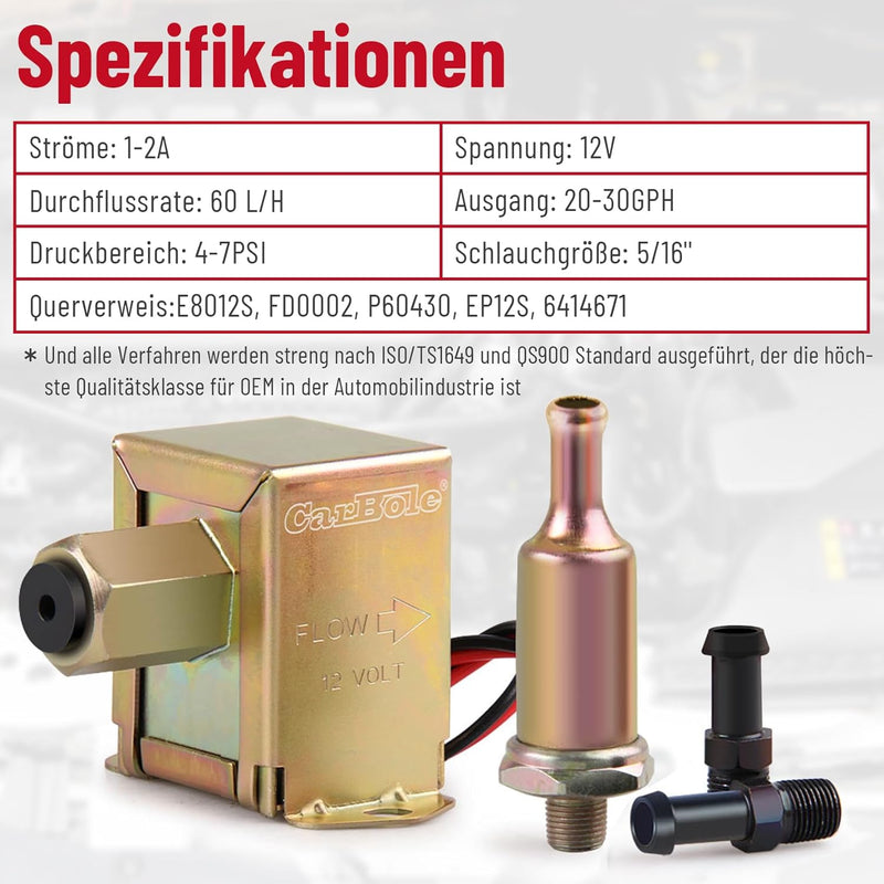 CarBole Kraftstoffpumpe 12V Elektrische Benzinpumpe Metall 4-7 PSI Universal Inline Kraftstoffpumpe