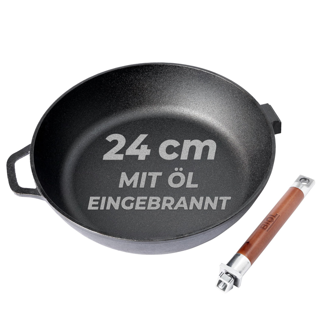 BIOL Tiefe gusseiserne Pfanne abnehmbarem Holzgriff, 24 cm, Induktion, hohe Qualität, universelle Pf