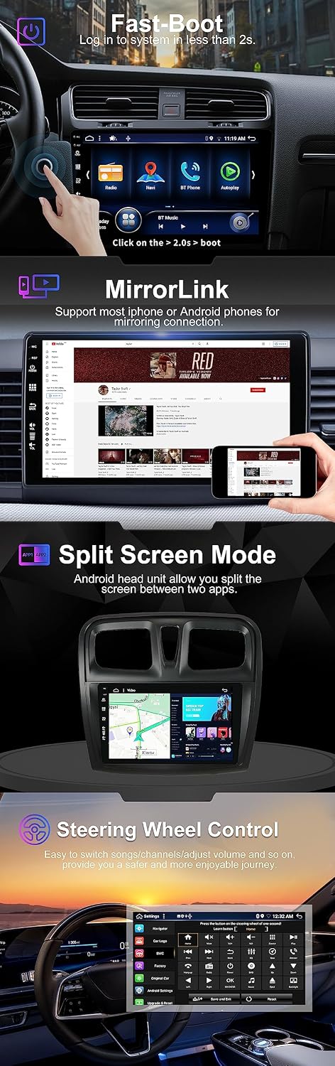 Android 14 IPS Autoradio Passt für Renault Logan 2/Sandero 2 /Symbol (2014-2019) - Eingebaut Carplay