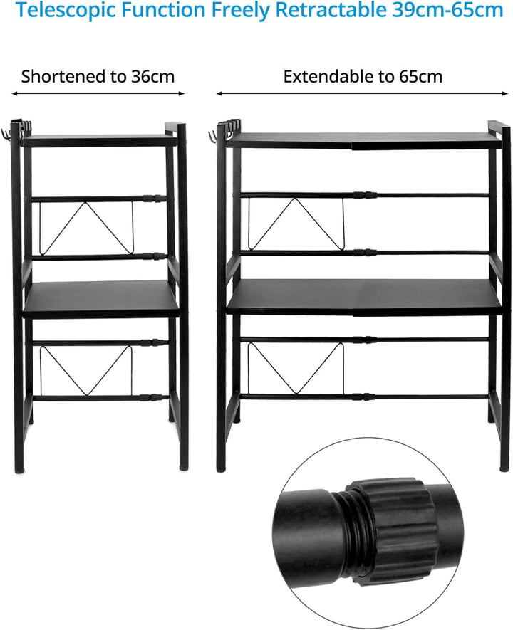 QWORK 2 Stufiges Mikrowellen Regal Ausziehbar, mikrowellen Regal, Mikrowellenständer, mit 4 Haken, S