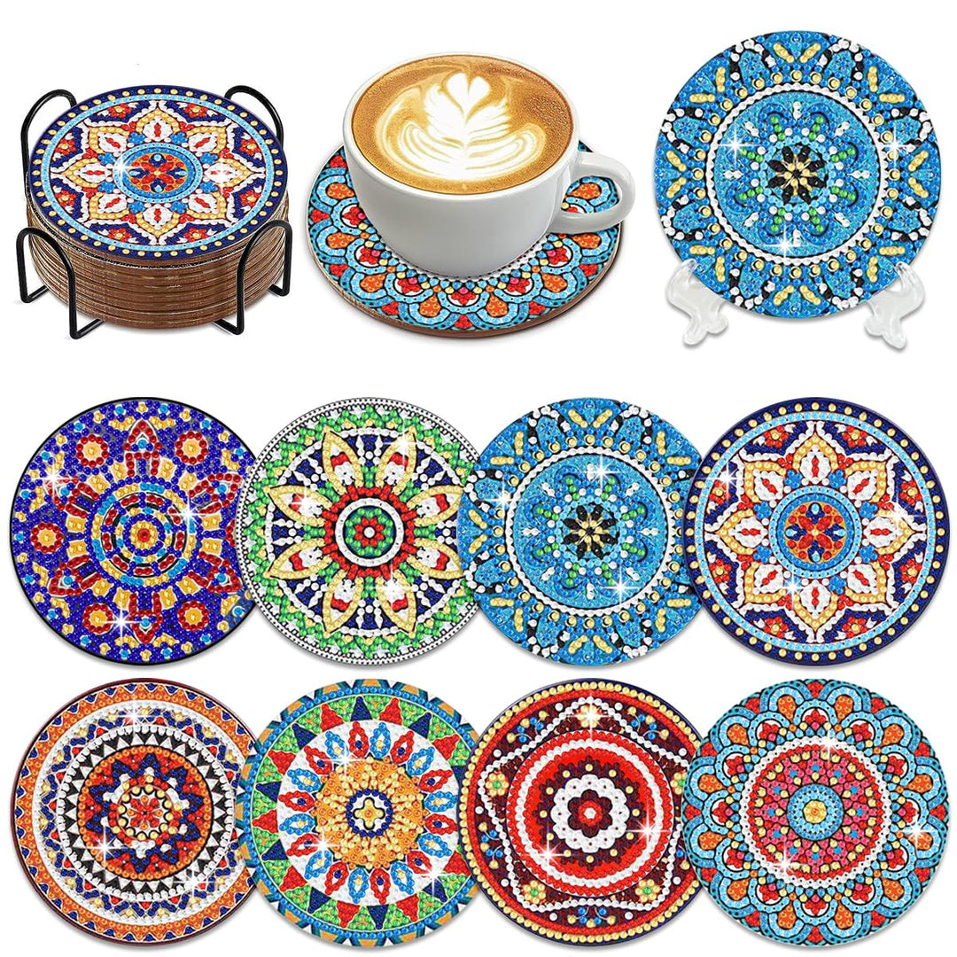 Muzagroo Art Set mit 8 Mandala-Glasuntersetzern mit Halterung - 5D Diamant-Kunst-Set für Anfänger -