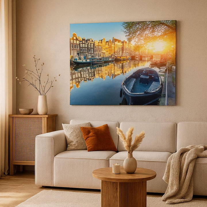Bilder auf Leinwand 100x70cm Leinwandbild Kanal Boot Amsterdam Wasser Gross Wanddeko Bild Schlafzimm