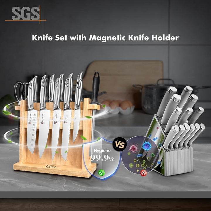 Japanisches Küchenmesser Set, magnetisches Messer Set mit Block und Schärfer, Edelstahl-Messerset al