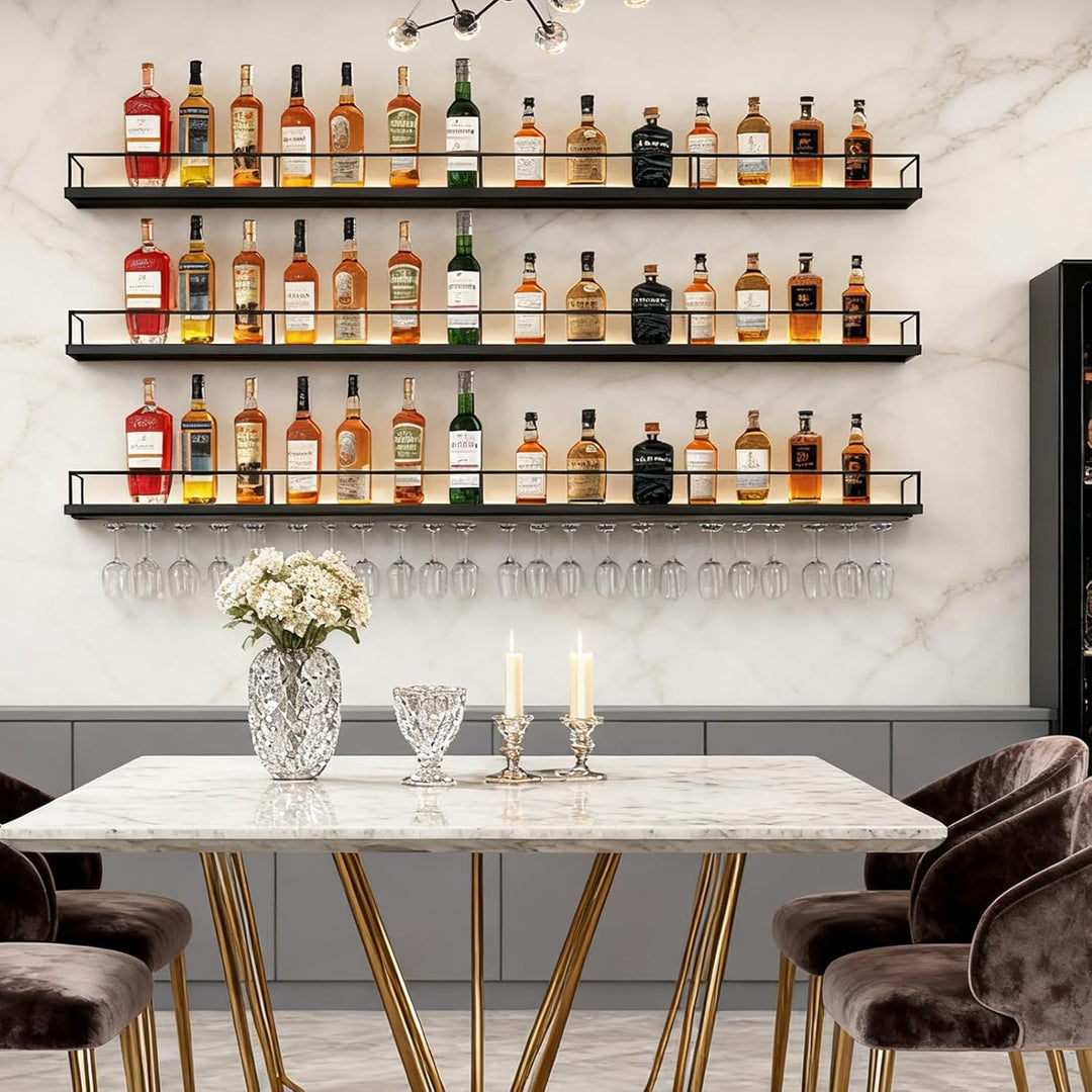 200CM Weinregal Wand mit Glashalter, 3 Ebenen Metallbar Weinpareite Display Rack, Modernes Weinregal