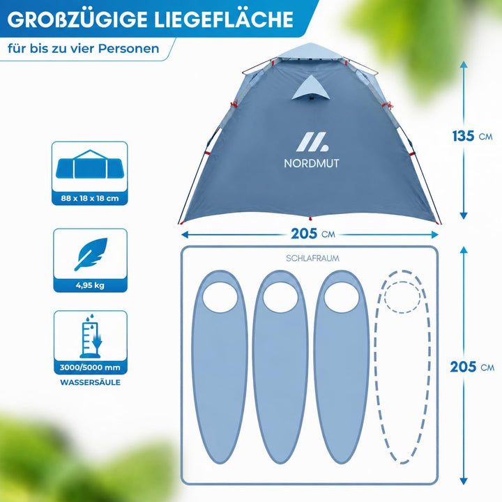 NORDMUT® Wurfzelt 2-4 Personen für blitzschnellen Aufbau – Pop Up Zelt 2-4 Personen wasserdicht &amp; UV