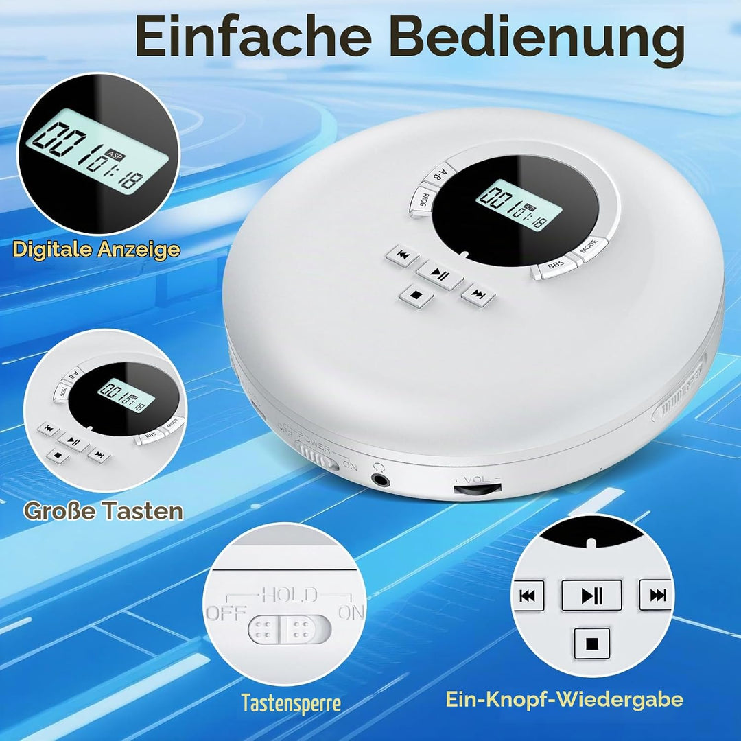Gueray CD Spieler Tragbarer CD-Player Persönliche CD Players mit Kopfhörer LCD Display Anti-Skip Sch