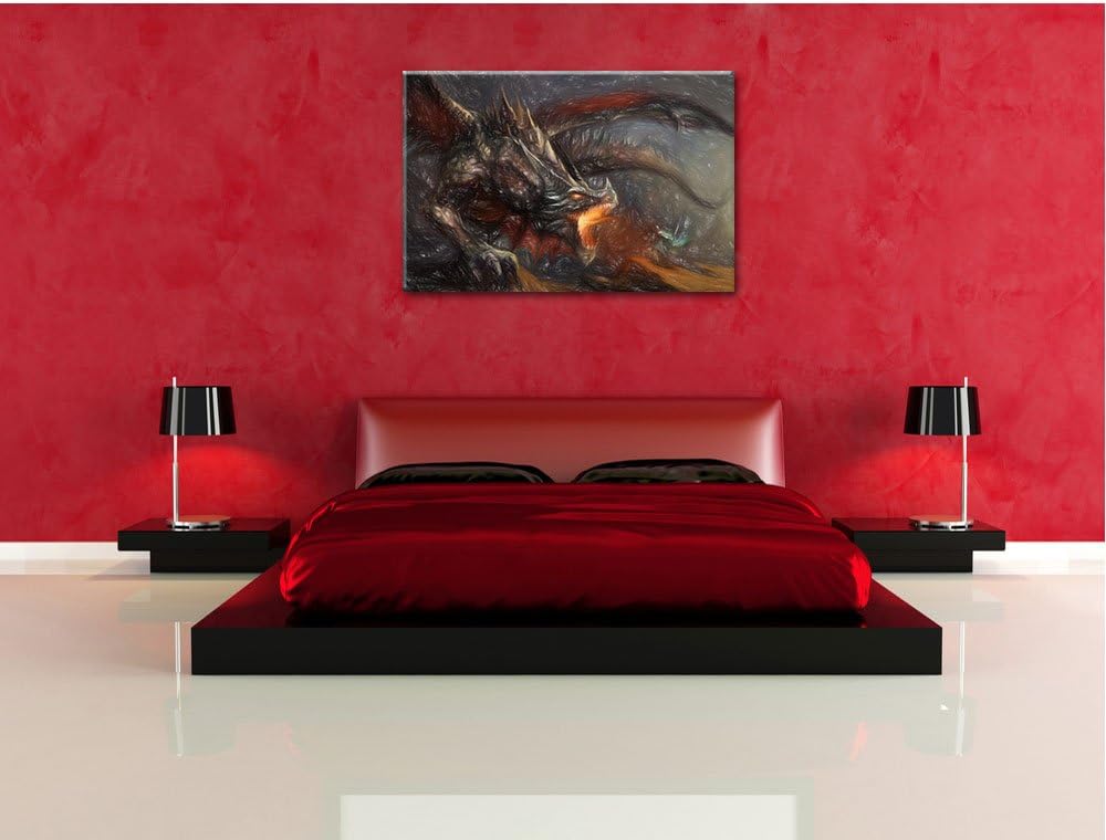 Pixxprint Kampf zwischen Mensch und Drache / 100x70cm Leinwandbild bespannt auf Holzrahmen/Wandbild