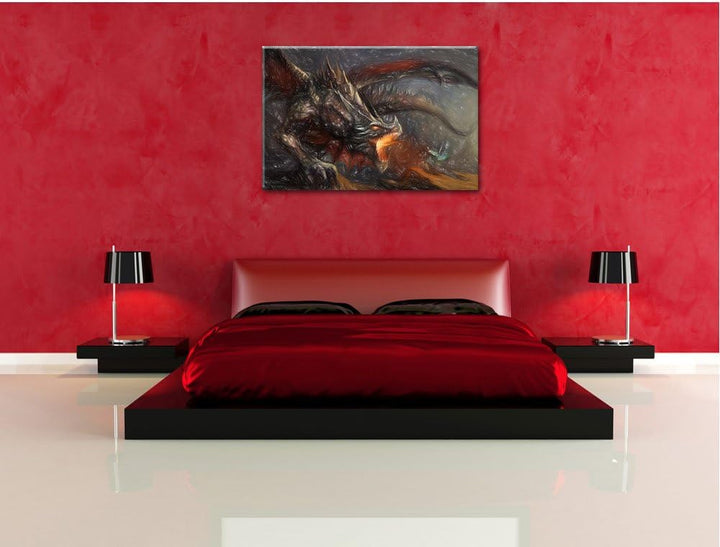 Pixxprint Kampf zwischen Mensch und Drache / 100x70cm Leinwandbild bespannt auf Holzrahmen/Wandbild