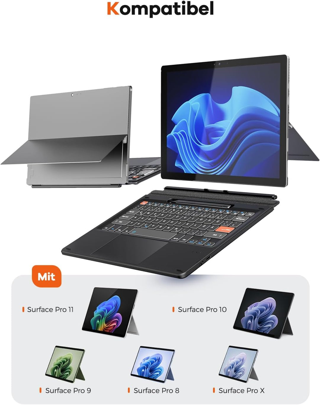 Doohoeek Bluetooth Tastatur für Surface Pro 11/10/9/8/X, Kabellose Beleuchtete Tastatur, Ultraslim K