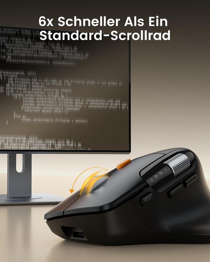 ProtoArc EM25 Ergonomische Maus mit Schnelles Scrollen, 2.4G Kabellos + 2*Bluetooth Wiederaufladbare