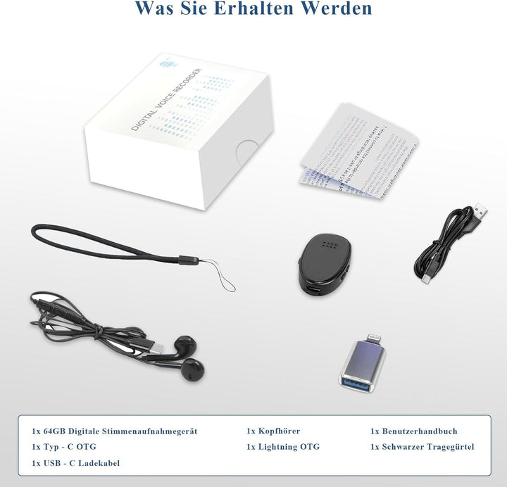 Mini Diktiergerät 3072 Kbps, 128GB Aufnahmegerät mit Dreifacher Rauschunterdrückung Voice Recorder,