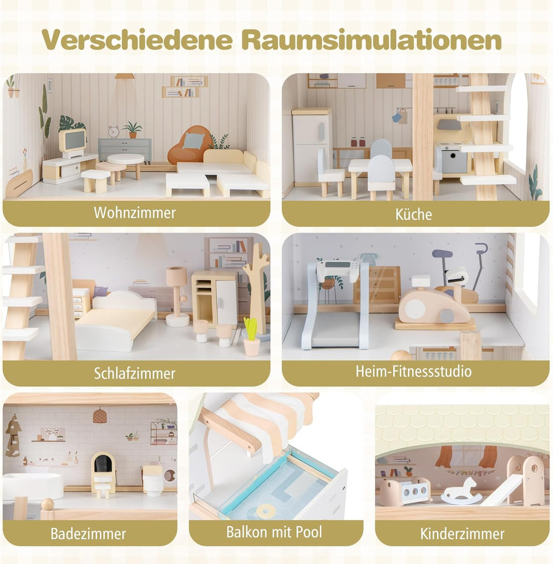 COSTWAY Puppenhaus Holz, Kinder Dollhouse mit 33 Möbelstücken, Puppenstube mit Balkon & Pool, Puppen