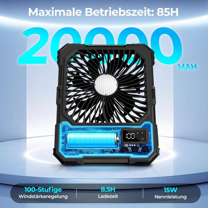 FORMIZON Camping Ventilator mit Licht, 20000mAh USB Ventilator Leise 17-85 Std 5 Geschwindigkeiten A