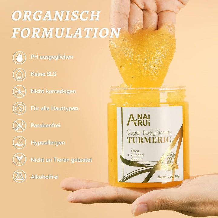 ANAiRUi Körperpeeling Body Scrub Kurkuma, Peeling für Körper-Gesicht Hyperpigmentierung Dunkle Fleck