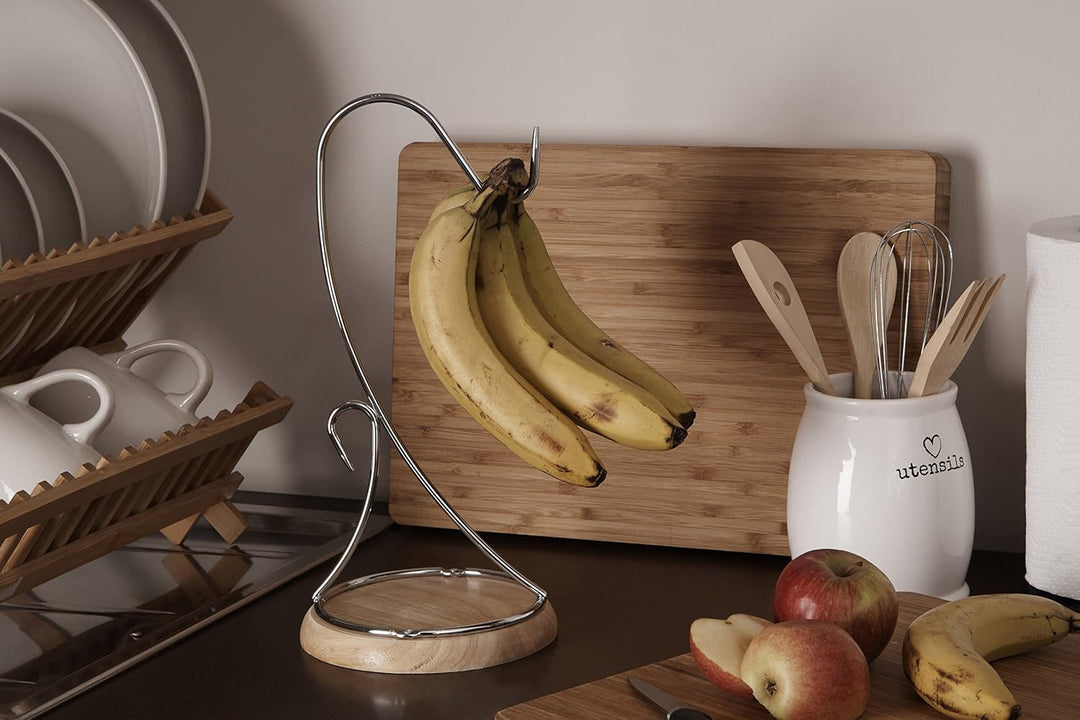 Premier Housewares Bananenhalter, Chrom mit Holzfuss, H35 x W16 x D16cm 1 Silver, 1 Silver