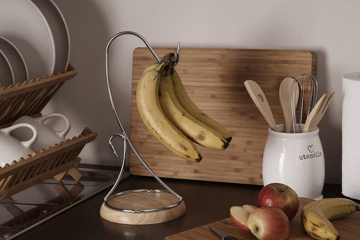 Premier Housewares Bananenhalter, Chrom mit Holzfuss, H35 x W16 x D16cm 1 Silver, 1 Silver