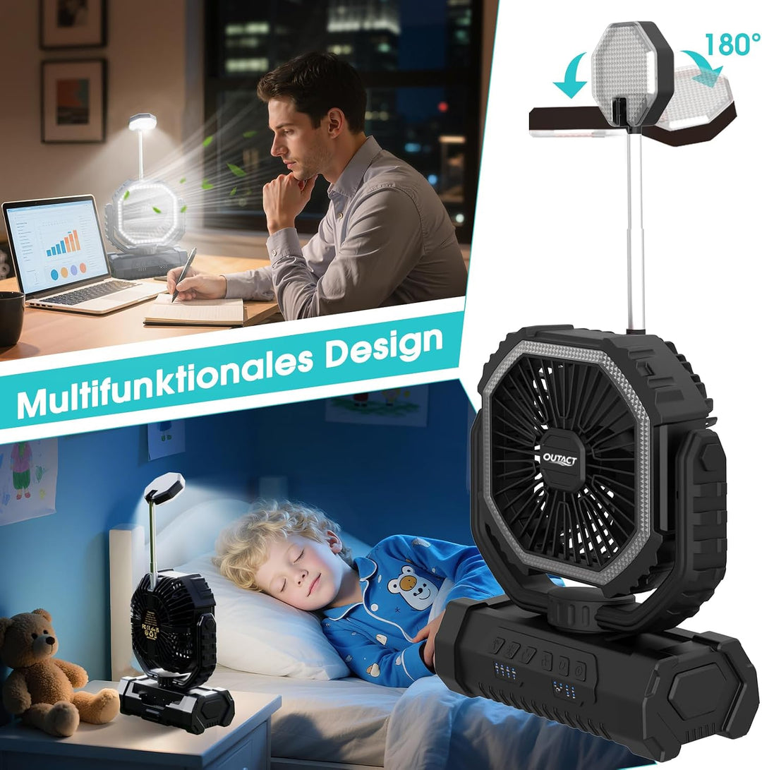 Camping Ventilator 20000mAh, Wiederaufladbarer Tischventilator USB Ventilator mit LED Licht & Haken,