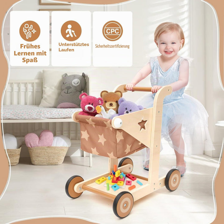 Asweets 2-in-1 Lauflernwagen Holz, Puppenwagen zum Schieben und Ziehen, Baby Walker, Kleinkindspielz