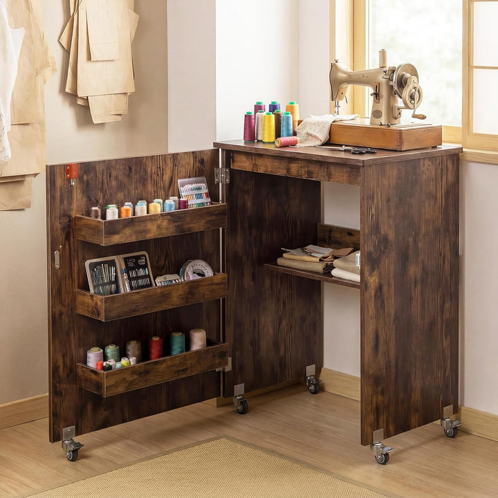 GIANTEX Nähtisch klappbar, Nähmaschinentisch auf Rollen, Nähtisch für Nähmaschine, Nähschrank Holz,