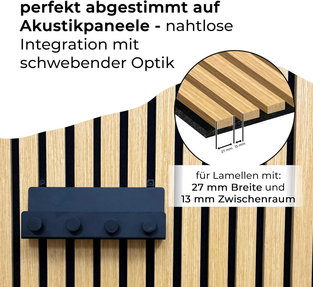 Wandregal mit Hakenleiste Einhängeregal für uficell Akustikpaneele 20 cm lang – schwarzes Metallrega