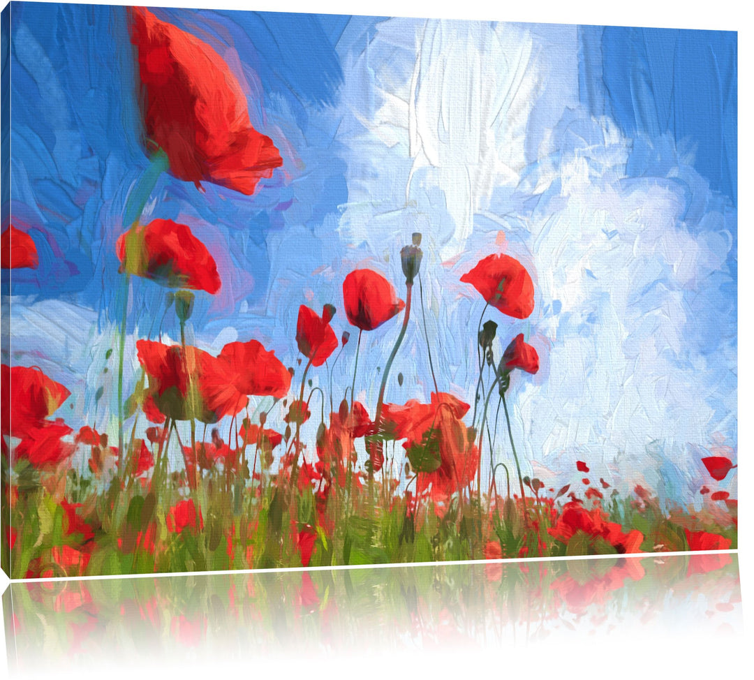 Pixxprint Mohnblumenfeld als Leinwandbild/Grösse: 100x70 cm/Wandbild/Kunstdruck/fertig bespannt, 100