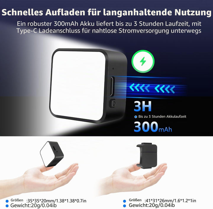 Pocket 3 Magnetisches Mini Video Licht, Farbtemperatur in 3 Stufen, Helligkeit in 2 Stufen, 300mAh A