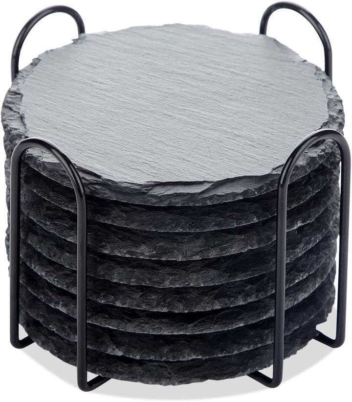 Schiefer Untersetzer für Gläser 8er Set, Glasuntersetzer Schiefer rund mit Halter 10x10 cm, Bierdeck