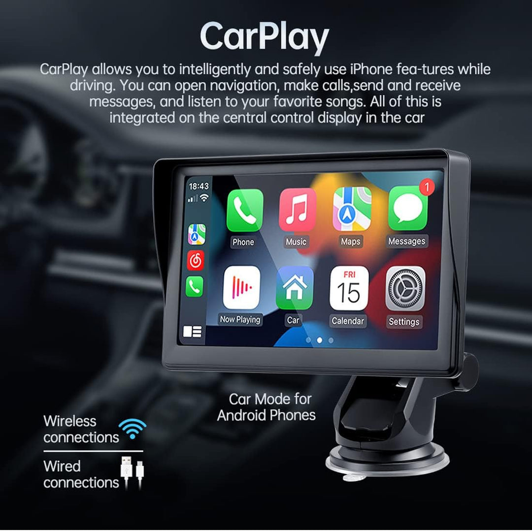WEPARTICULAR Kabelloser Apple Carplayer Android Auto Monitor, 7-Zoll-Full-HD-Touchscreen, tragbarer