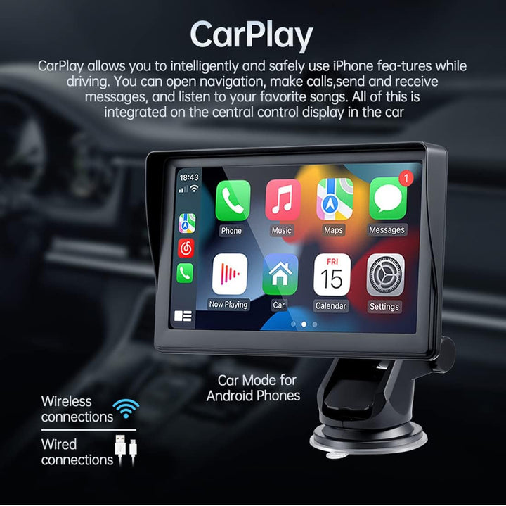 WEPARTICULAR Kabelloser Apple Carplayer Android Auto Monitor, 7-Zoll-Full-HD-Touchscreen, tragbarer