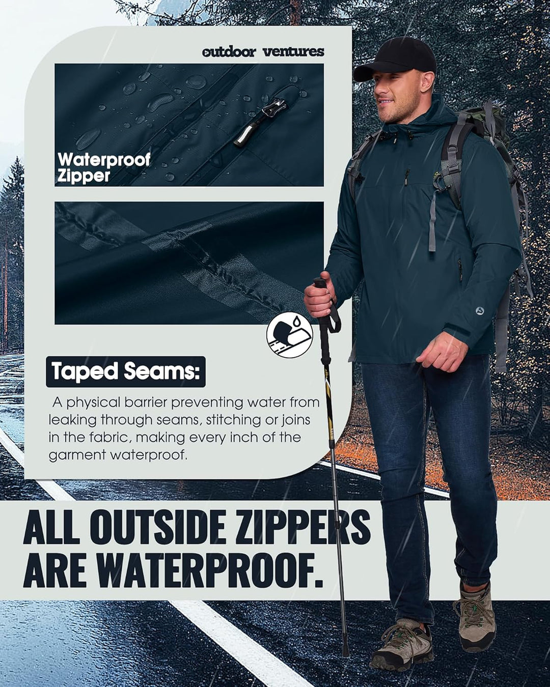 Regenjacke Herren Wasserdicht Atmungsaktiv, Packbar Fahrrad Jacke Leichte Windbreaker zum Freizeit W