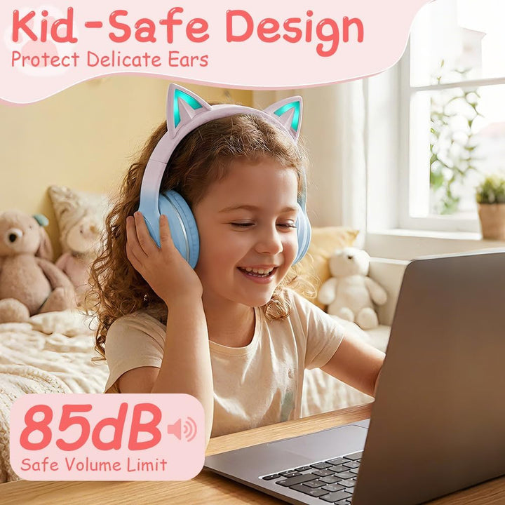 Kinder Bluetooth Kopfhörer, Katzenohr LED Lichter, Bluetooth 5.3 Stereo, Verstellbares Kopfband, 85d