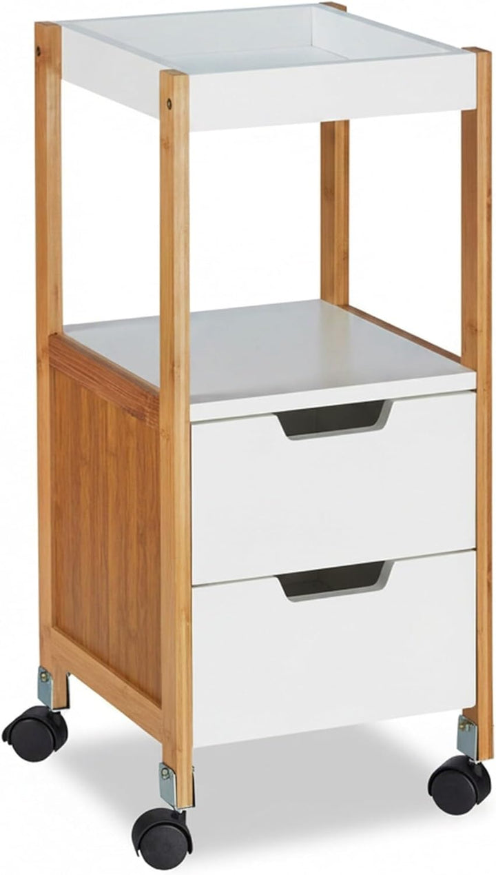 Relaxdays Rollwagen mit Schubladen, Teewagen, Tabletttisch rollbar, Küchenwagen aus MDF, Bambus, HBT