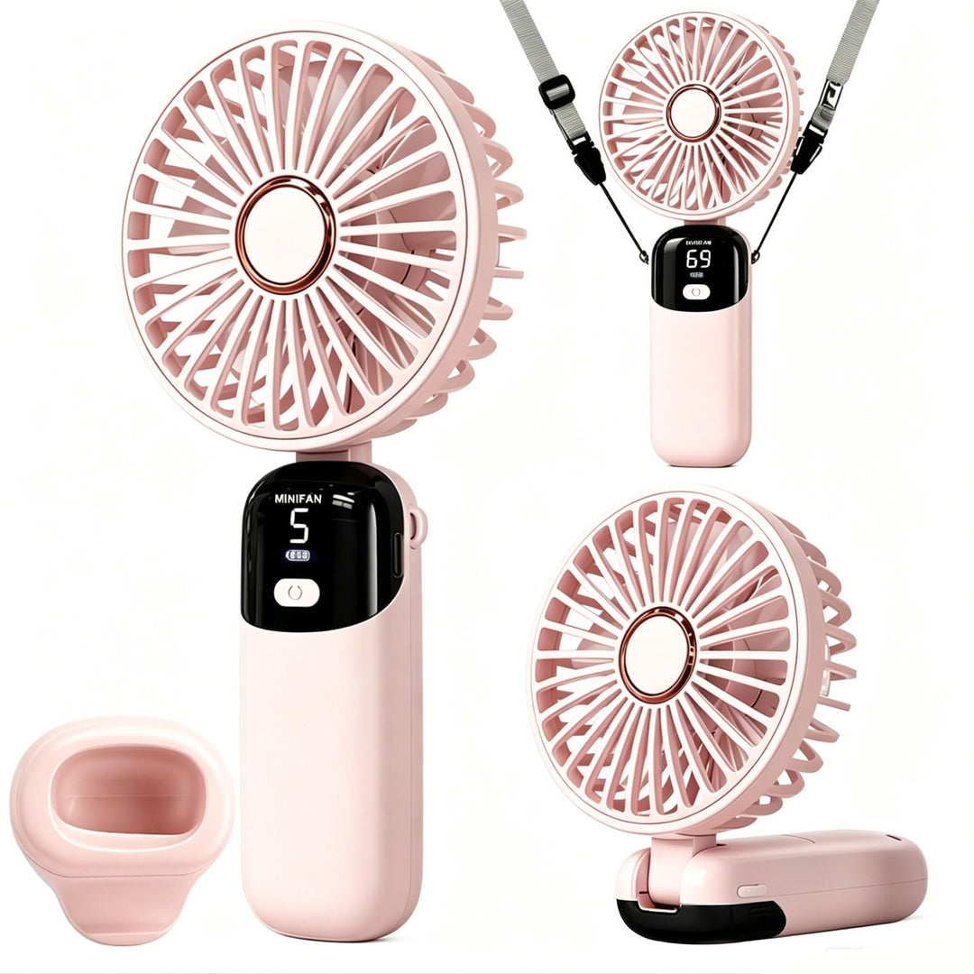 Handventilator Mini tragbarer USB-Lüfter, 5 Geschwindigkeitsstufen mit Halfter und Basis, klappbar f