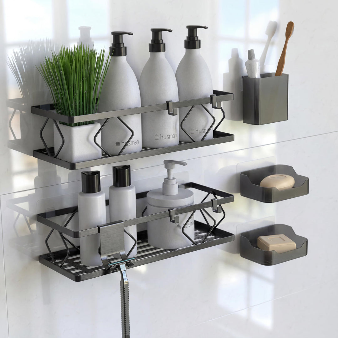 husman® Duschablage-Set ohne Bohren | Matt-Schwarz | 10-teilig mit Ablaufrillen | Kleben statt Bohre