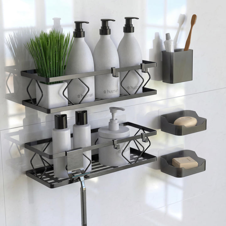 husman® Duschablage-Set ohne Bohren | Matt-Schwarz | 10-teilig mit Ablaufrillen | Kleben statt Bohre
