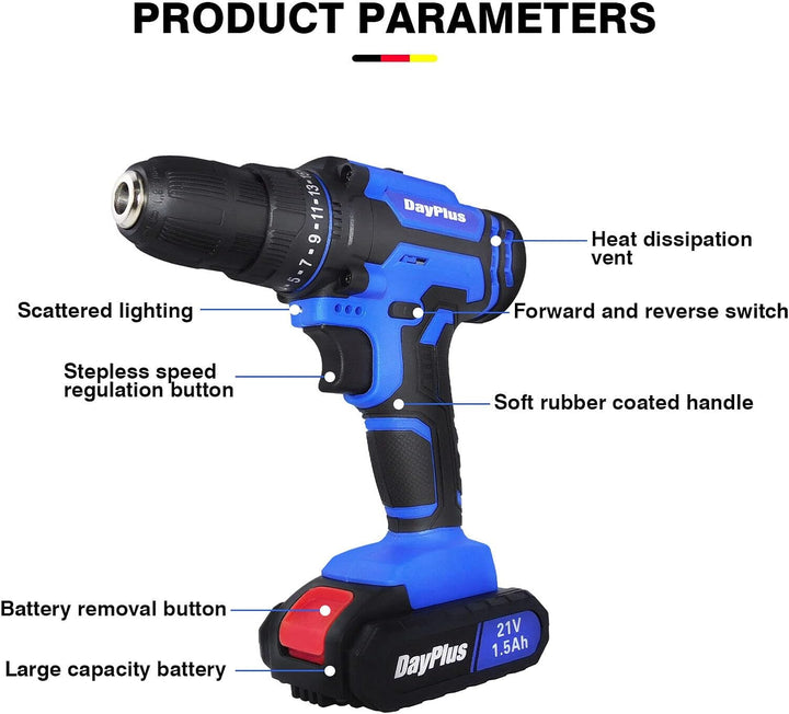 Akkuschrauber Akku Bohrmaschine 21V Professional Akku Bohrschrauber Set mit 2 Akku (1500mAh), LED-Li