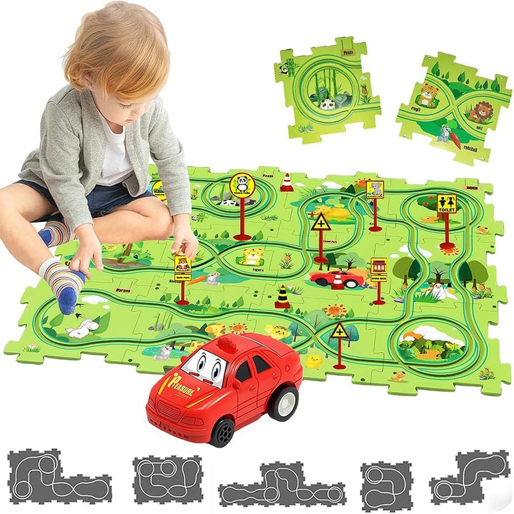 Auto Autorennbahn 12pcs DIY-Puzzlebahn für Kinder DIY-Route Cars Geschenkspiele ab 2-6 Jahren (Land)