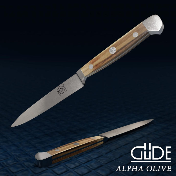 GÜDE Solingen - Spickmesser geschmiedet, 13 cm, Olivenholz, ALPHA OLIVE, Office Messer, Doppelkropf,
