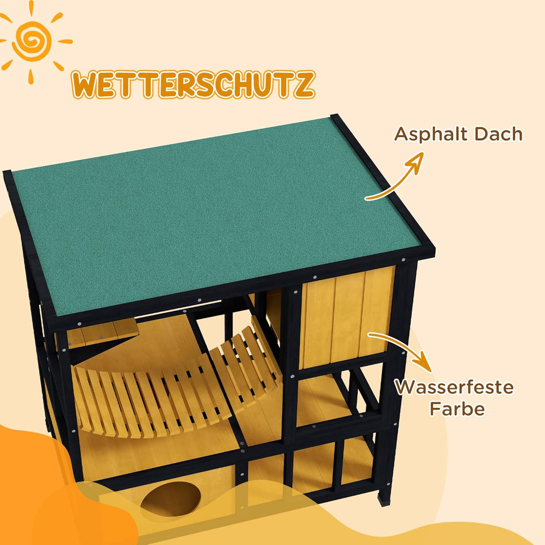 PawHut Katzenhaus aus Holz Katzenhöhle für Draussen, Wetterfest Katzenhütte mit Asphaltdach, Hängebr