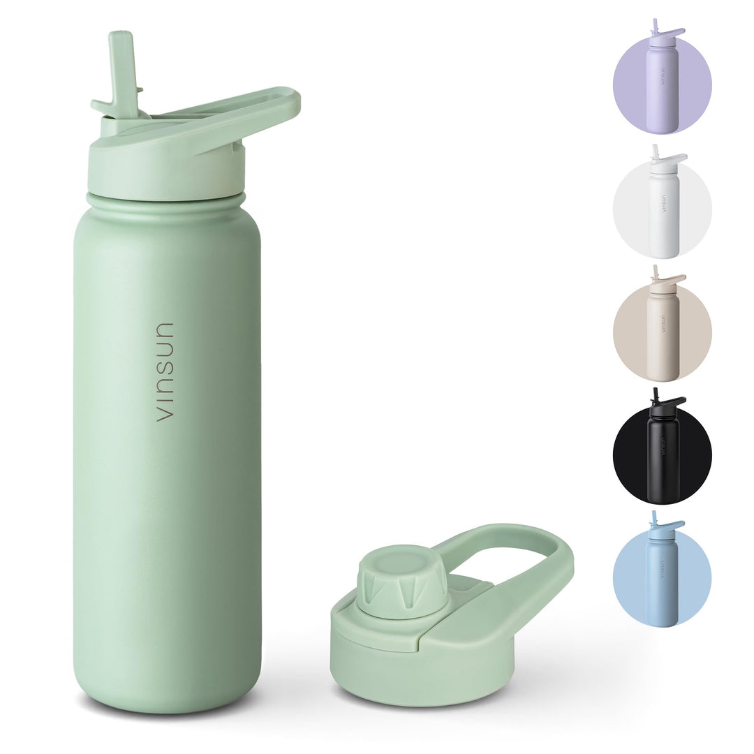 Vinsun Trinkflasche Edelstahl grün 750ml - auslaufsicher, Kohlensäure geeignet, BPA frei - Strohhalm