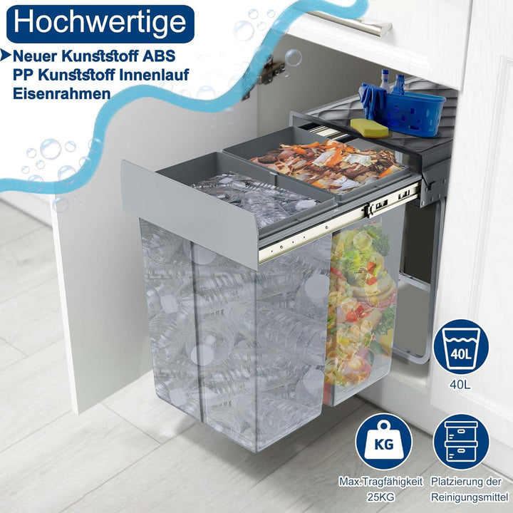 VA-Cerulean 2 Fächer Einbaumülleimer System 2x20 Liter, Abfallsammler Ausziehbarer Mülleimer mit Tel