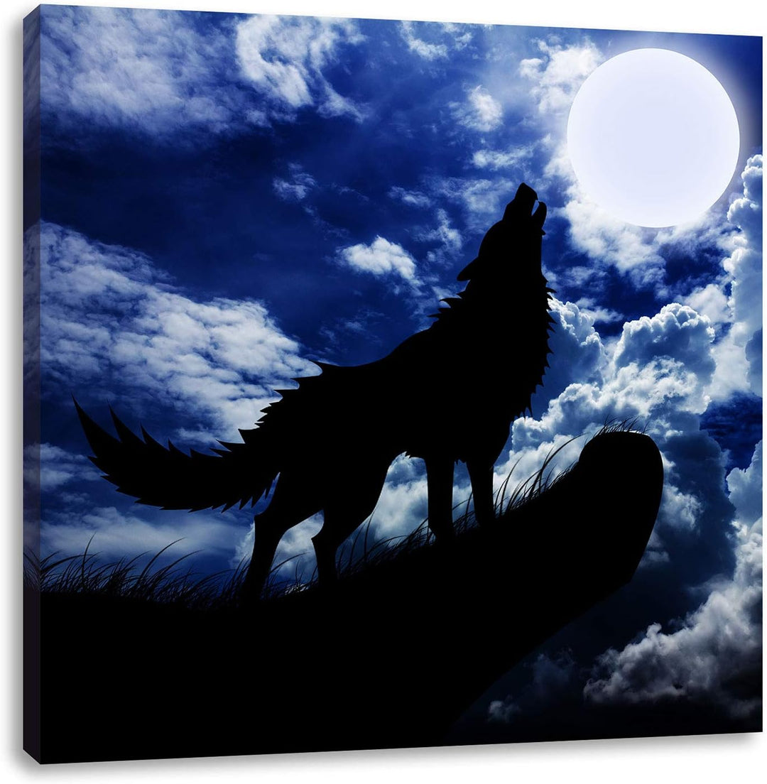 Wolf im Mondschein, Format: 70x70 auf Leinwand, XXL riesige Bilder fertig gerahmt mit Keilrahmen, Ku
