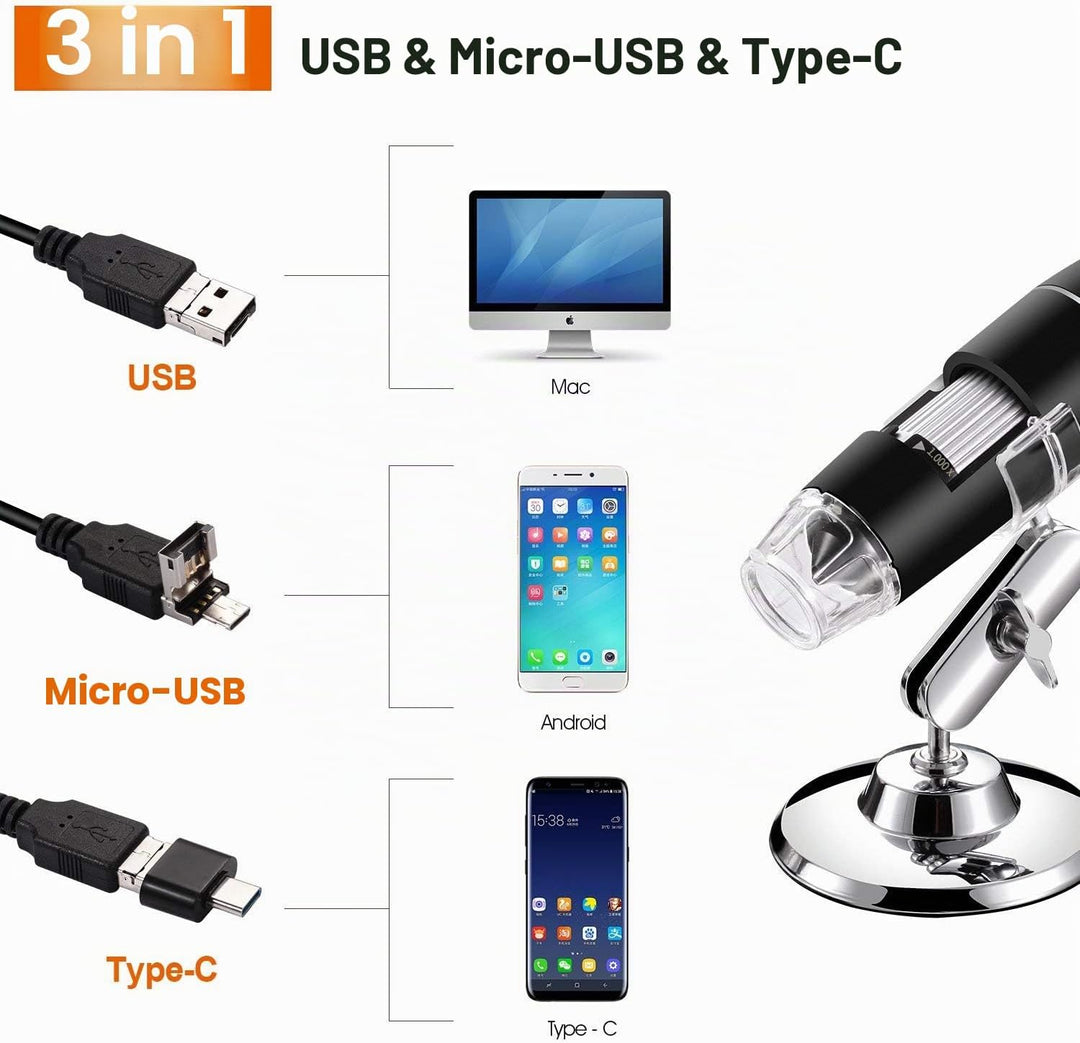 USB-Digitalmikroskop 40X bis 1000X, Bysameyee 8 LED-Vergrösserungs-Endoskopkamera mit Tragetasche un