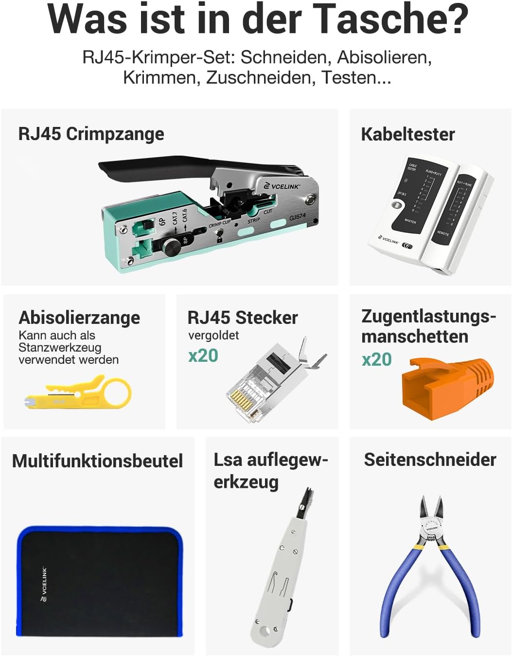 VCELINK Netzwerk Werkzeug Set, RJ45 Crimpzange mit 20 x RJ45 Stecker Cat7 Pass Through, Netzwerktest