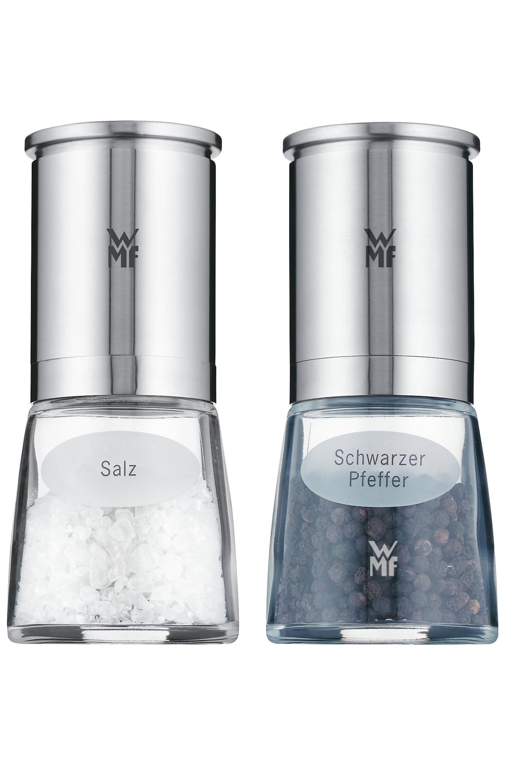 WMF De Luxe Salz und Pfeffermühle Set 2-teilig, befüllt, Cromargan Edelstahl, Glas, Keramikmahlwerk,