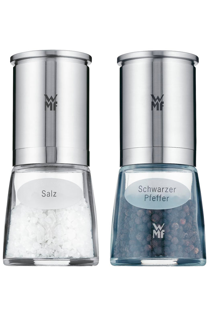 WMF De Luxe Salz und Pfeffermühle Set 2-teilig, befüllt, Cromargan Edelstahl, Glas, Keramikmahlwerk,