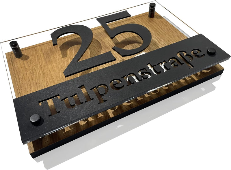 Hausnummer-Schild Adressschild haus hauswand personalisiert holz eiche plexiglass 3d individuelles d