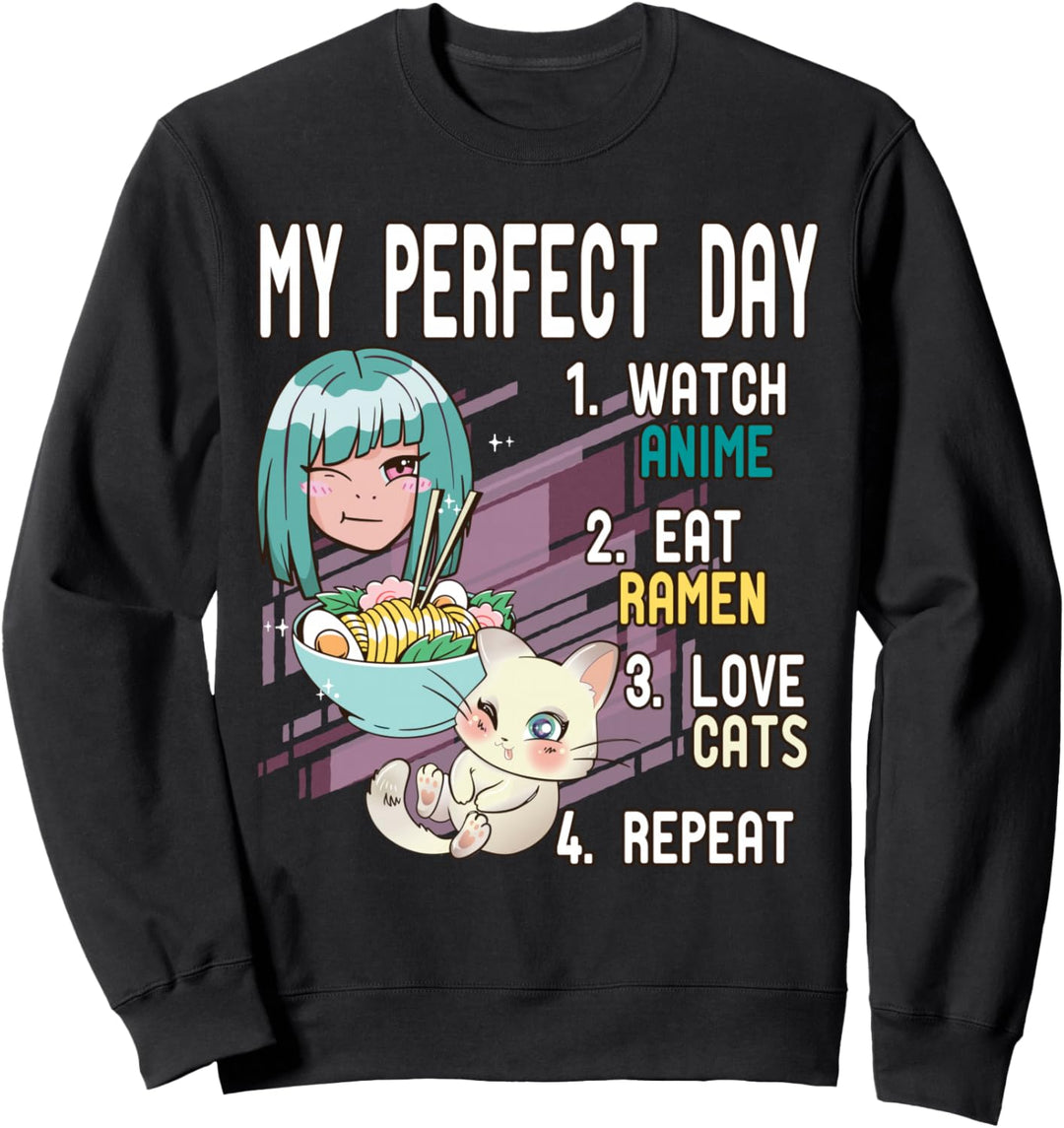 Mein perfekter Tag Anime Ramen Katzen wiederholen Ramen Otaku Sweatshirt