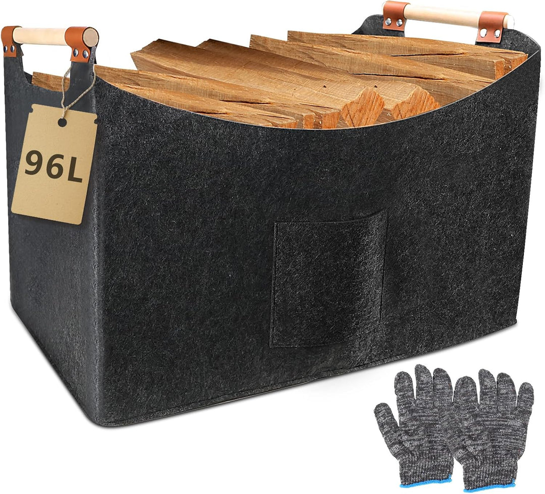 WPPQWP Holzkorb für Kaminholz Gross, Kaminholzkorb Filz XXL(96L, 60x40x40cm), Faltbarer Brennholzkor