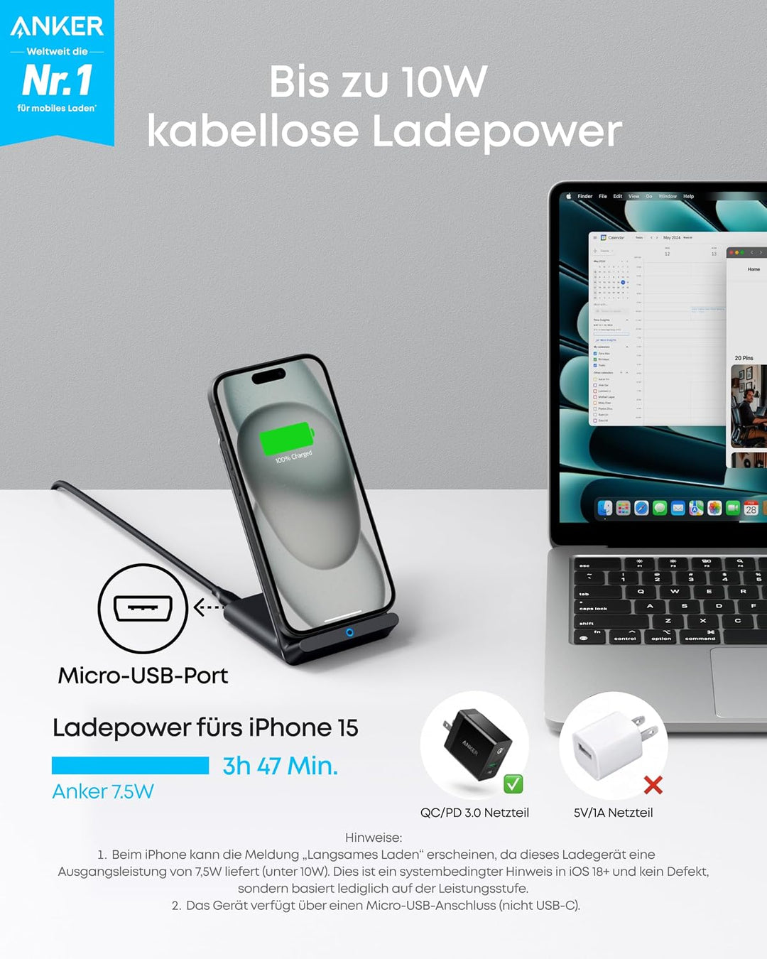 Anker 313 Induktive Ladestation, Qi-zertifiziert, Geeignet für iPhone 16 / 15 / 15 Pro / 15 Pro Max,